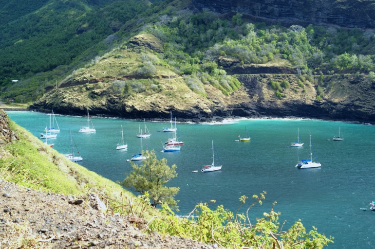 La baie de Hane "envahie" de voiliers. "C'est la première fois, de mémoire d'habitant de Ua Huka" nous avait confié le maire de l'île Nestor Ohu. Crédit photo : Thomas Athenol La baie de Hane "envahie" de voiliers. "C'est la première fois, de mémoire d'habitant de Ua Huka" nous avait confié le maire de l'île Nestor Ohu. Crédit photo : Thomas Athenol
