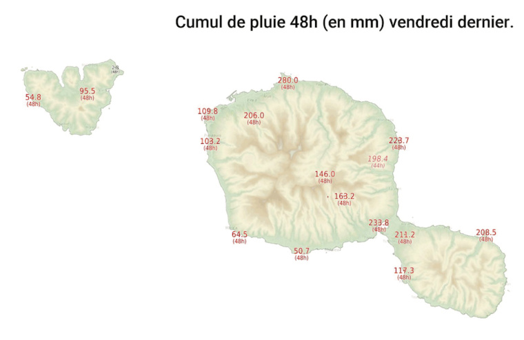 Les ordres de grandeurs des cumuls de pluie en 48h pendant la vigilance rouge sont très différents. Ci-dessus vendredi 14 (pendant la vigilance rouge) et ci-dessous lundi 17 (vigilance verte) avec par exemple à Mahina 280 mm en 48 h vendredi contre 70,2 lundi matin. Les ordres de grandeurs des cumuls de pluie en 48h pendant la vigilance rouge sont très différents. Ci-dessus vendredi 14 (pendant la vigilance rouge) et ci-dessous lundi 17 (vigilance verte) avec par exemple à Mahina 280 mm en 48 h vendredi contre 70,2 lundi matin.
