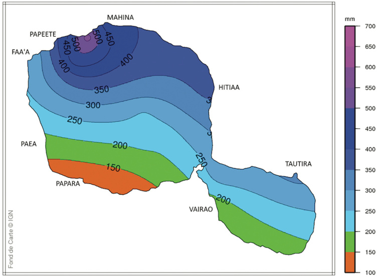 L’épisode de fortes pluies a touché principalement les côtes Nord et Est de Tahiti avec des cumuls sur 4 jours supérieurs à 300 l/m², localement 400 l/m² ( 485 l/m² à Fautaua, et 425 L/m² à Mahina). L’épisode de fortes pluies a touché principalement les côtes Nord et Est de Tahiti avec des cumuls sur 4 jours supérieurs à 300 l/m², localement 400 l/m² ( 485 l/m² à Fautaua, et 425 L/m² à Mahina).