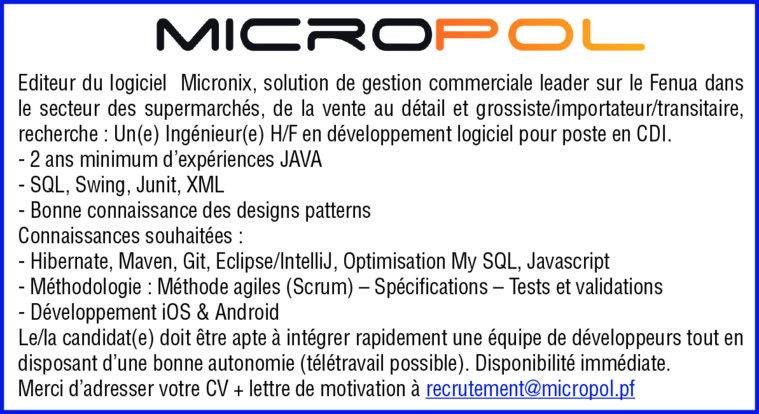 Micropol recherche un(e) Ingénieur(e) en développement logiciel en CDI