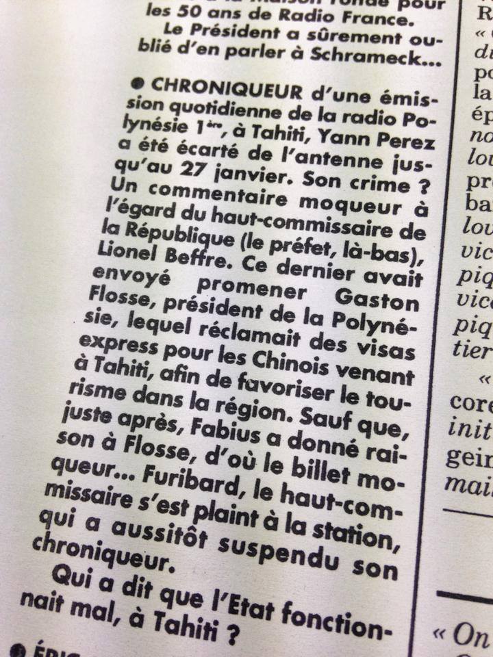 Polynésie 1ère : le Canard épingle la mise à pied de Yann Perez