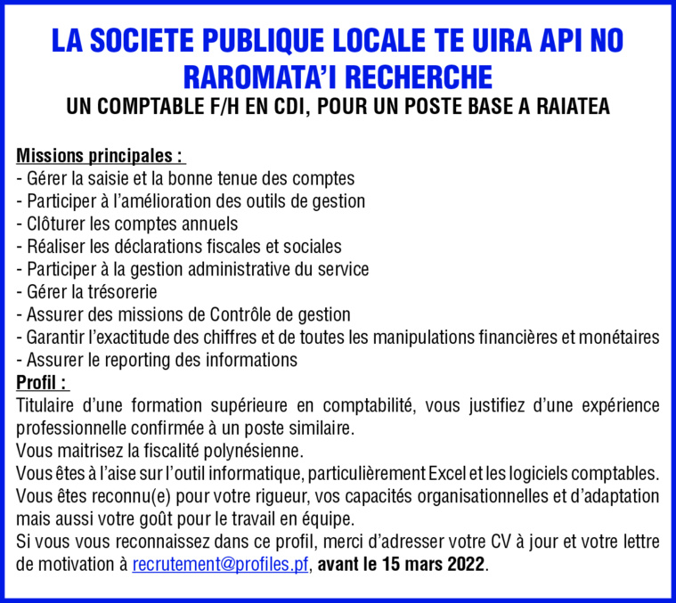 La Société Publique Locale TE UIRA API NO RAROMATA’I recherche un Comptable F/H en CDI