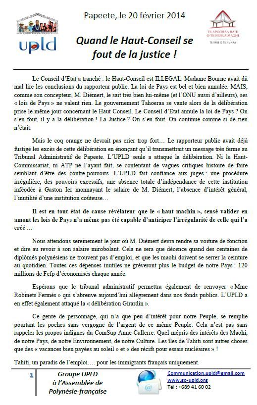 Communiqué UPLD : Le haut conseil est tombé bien bas