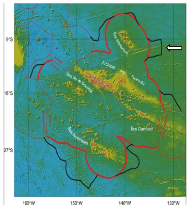 Les possibles extensions du plateau continental français, au large de la Polynésie française, délimitées par le programme Polyplac. Après une première étude en 2012, une deuxième campagne de mesures est programmée en 2015 sur cette zone.