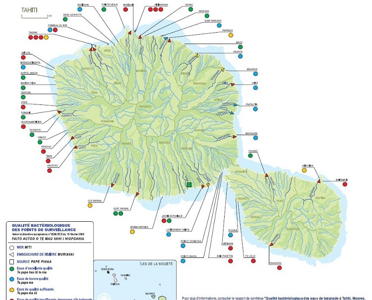 La carte de la qualité des eaux de baignade de Tahiti en 2011. (Source : CHSP).