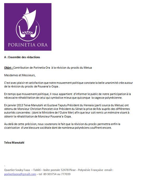 Communiqué de Porinetia Ora: "Contribution de Porinetia Ora  à la révision du procès du Metua "