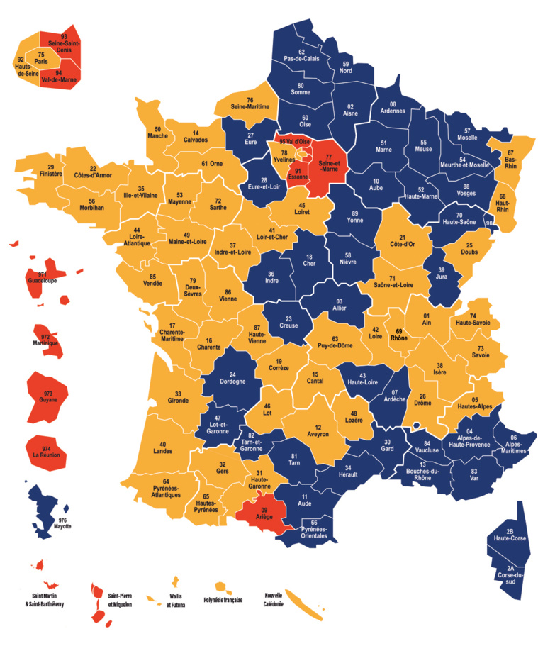 Carte de France représentant les candidats arrivés en tête par départements et territoires d'Outre-mer.
