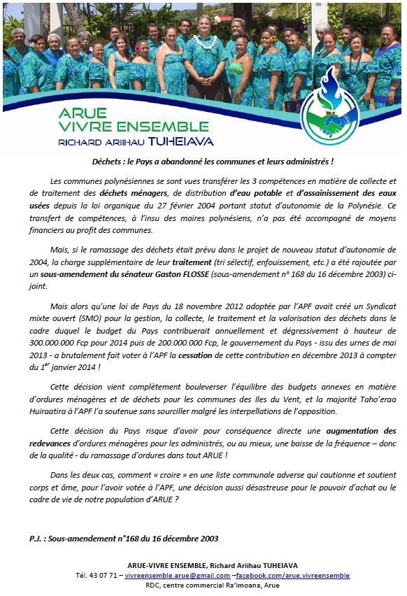 Arue Vivre ensemble: "Déchets: le Pays a abandonné les communes et leurs administrés!"