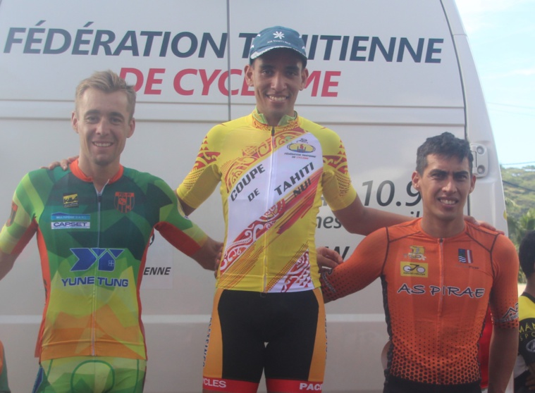 Kahiri Endeler a remporté la Coupe Tahiti Nui 2022 devant Benjamin Zorgnotti (à gauche) et Nuumoe Lintz à droite).