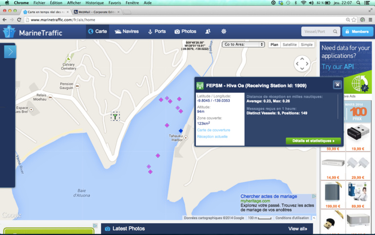Grâce à l'AIS, il est possible de connaître le trafic maritime en temps réel, comme ici dans la rade de Atuona, à Hiva oa.