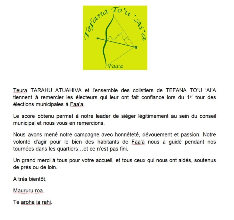 Municipales Faa'a: les remerciements de Tefana To'u 'ai'a. Municipales Faa'a: les remerciements de Tefana To'u 'ai'a.