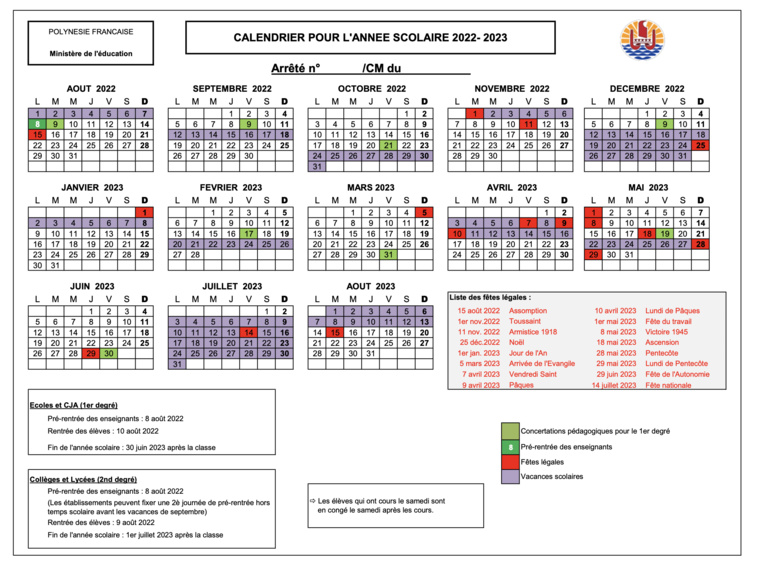 ​Les calendriers scolaires en Polynésie jusqu'en 2025/2026