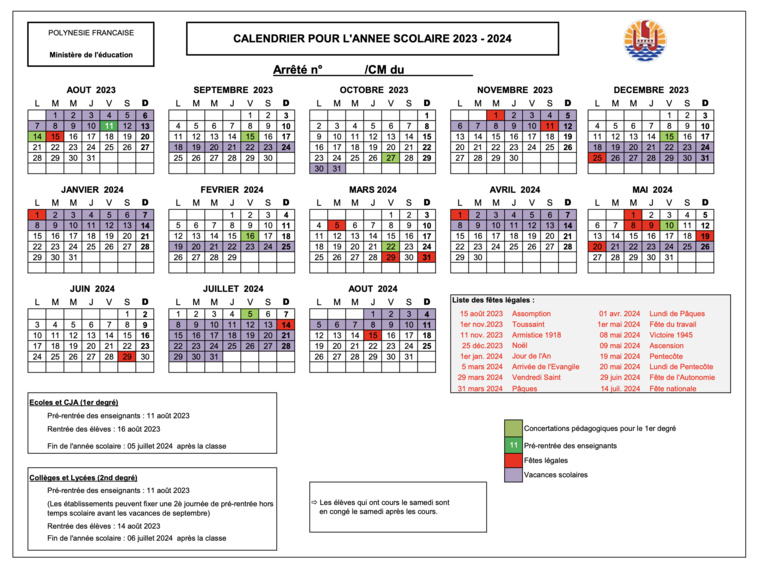 ​Les calendriers scolaires en Polynésie jusqu'en 2025/2026