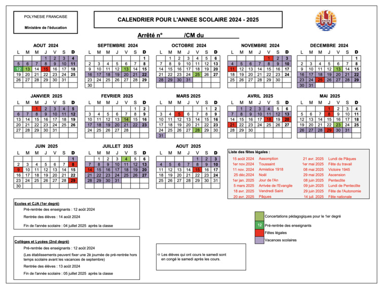 ​Les calendriers scolaires en Polynésie jusqu'en 2025/2026