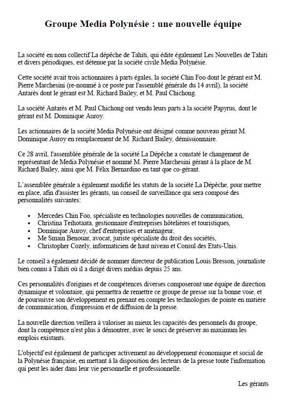 Coup de Papyrus dans le groupe de presse Média Polynésie