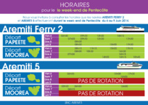 Horaires du navire Aremiti Ferry 2 et Aremiti 5 - Week end de Pentecôte