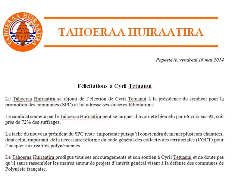 Communiqué TH: Félicitations Cyril Tetuanui Communiqué TH: Félicitations Cyril Tetuanui