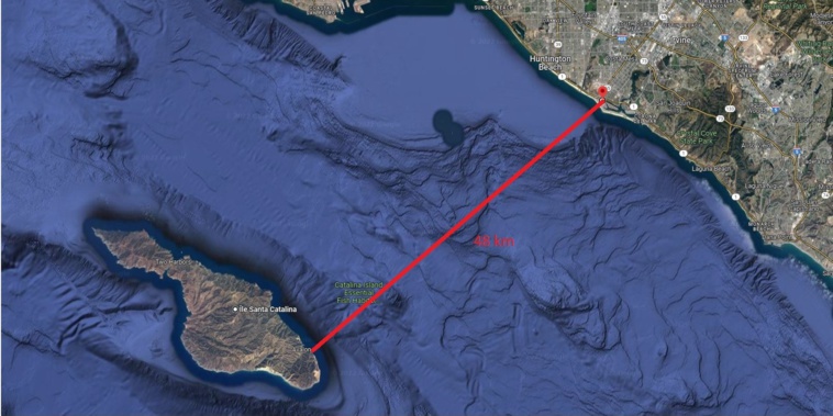 Le parcours de la course entre l'île de Catalina et les côtes Californiennes.