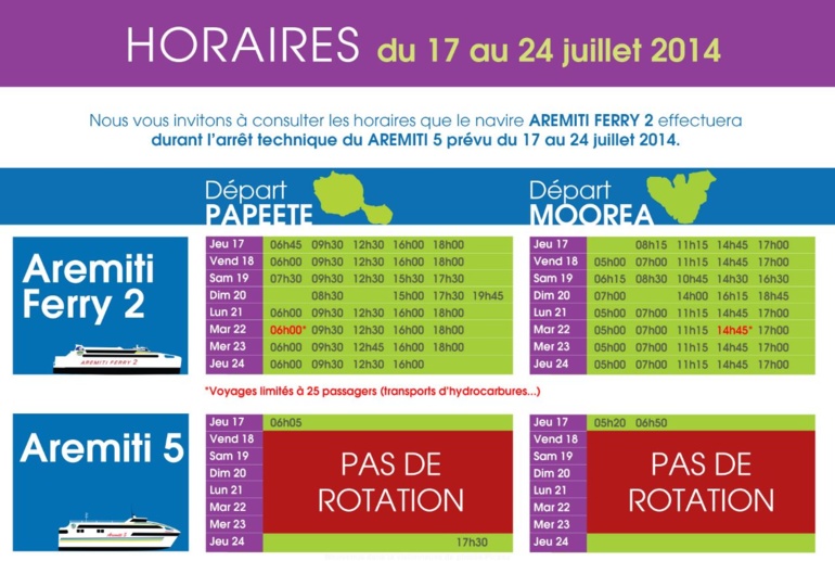 Arrêt de l'aremiti 5 du 17 au 24 juillet, les horaires du Ferry Arrêt de l'aremiti 5 du 17 au 24 juillet, les horaires du Ferry
