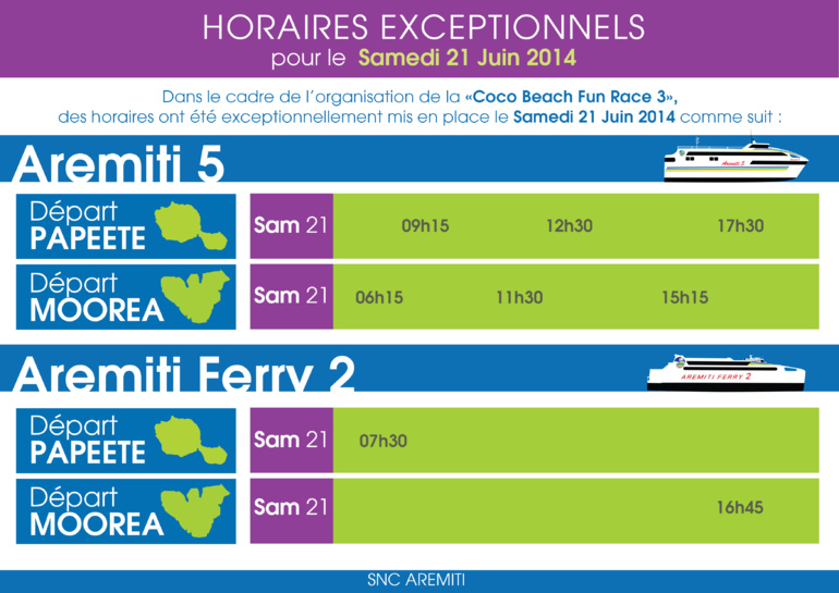 Changement exceptionnel des horaires de l'Aremiti 5 et de l'Aremiti Ferry ce samedi 21 juin Changement exceptionnel des horaires de l'Aremiti 5 et de l'Aremiti Ferry ce samedi 21 juin