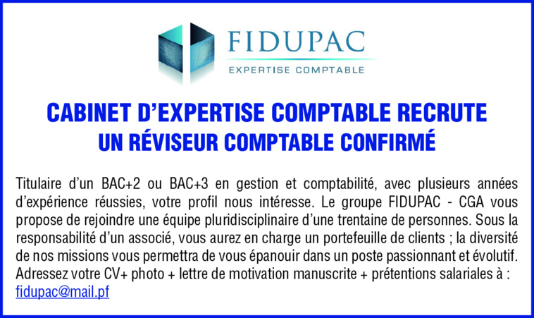 Le cabinet d'expertise comptable FIDUPAC recherche un Réviseur Comptable Confirmé