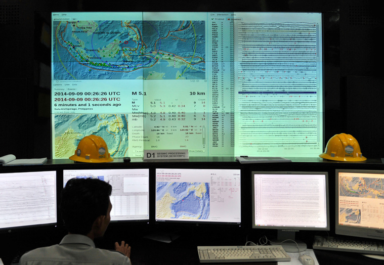 Photo d'illustration d'un service de surveillance des tsunamis. ADEK BERRY / AFP Photo d'illustration d'un service de surveillance des tsunamis. ADEK BERRY / AFP