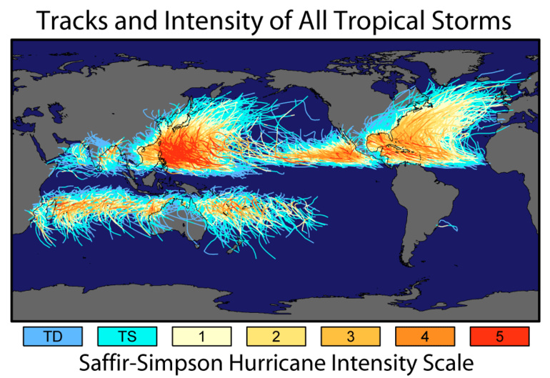 Tous les cyclones ces 150 dernières années, jusqu'en 2006 (carte NASA) Tous les cyclones ces 150 dernières années, jusqu'en 2006 (carte NASA)