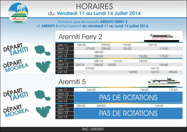Horaires des navires Aremiti 5 et Aremiti Ferry 2 établis pour le long week-end du 11 au 14 juillet Horaires des navires Aremiti 5 et Aremiti Ferry 2 établis pour le long week-end du 11 au 14 juillet
