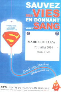 Don du sang ce mercredi 23 juillet à la Mairie de Faa'a Don du sang ce mercredi 23 juillet à la Mairie de Faa'a