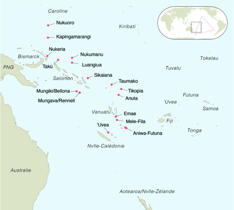 Carte de l'ouest du Pacifique avec les Polynesian Outliers indiqués en rouge. Crédit: Mary Walworth et Aymeric Hermann, 2022.