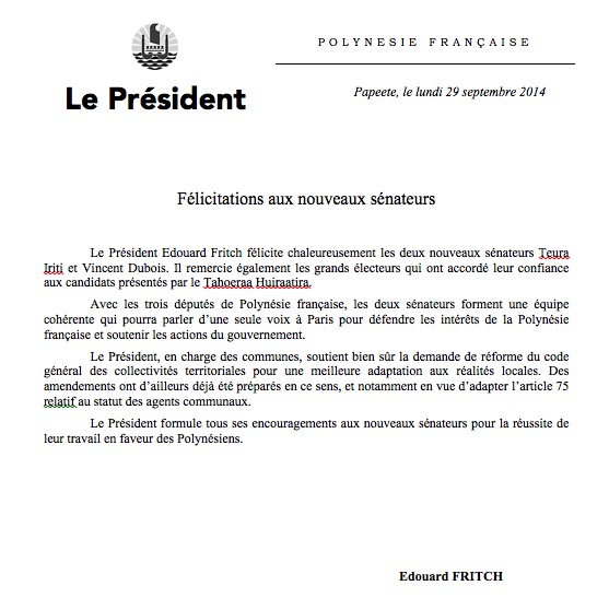 Le Président de la Polynésie félicite les deux sénateurs Le Président de la Polynésie félicite les deux sénateurs