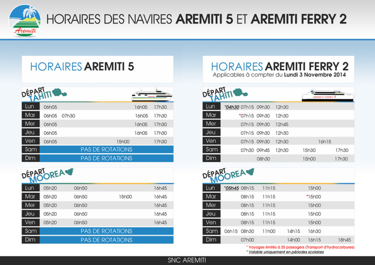 Nouveaux horaires du AREMITI FERRY 2 effectifs à compter du 3 novembre Nouveaux horaires du AREMITI FERRY 2 effectifs à compter du 3 novembre
