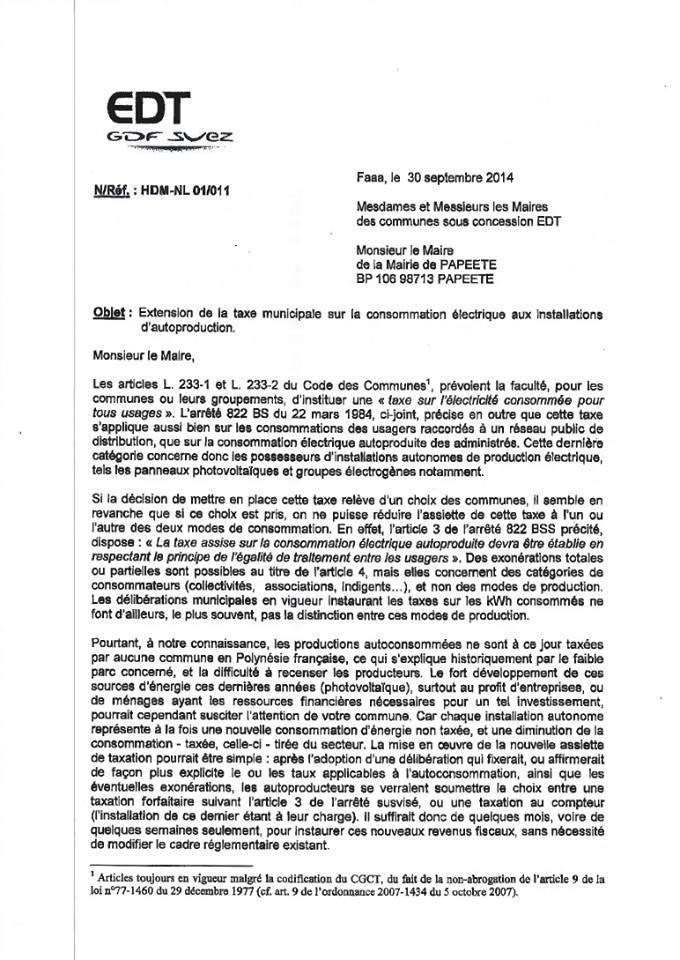 Courrier d'EDT à l'attention de la mairie de Papeete