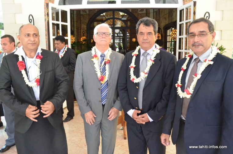Chistian Vaamei, Yves Tissandier, le Président Edouard Fritch et Angélo Frébault, lundi lors de la visite protocolaire à la présidence de Polynésie française.