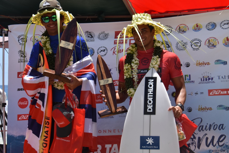 Jackson Bunch (à gauche) avec le trophée de vainqueur du Rangiroa Pro. Mihimana Braye de son côté n'est pas passé loin d'une nouvelle victoire sur le spot de Avatoru, après son succès en 2015.