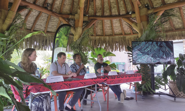 (De gauche à droite) Marie Fourdrigniez, écologue, Gaspar Toscan du Plantier, directeur général de la Sofidep, Tearii Te Moana Alpha, maire de la commune de Teva i Uta et Christophe Balsan, P-dg de ‘Aoa.