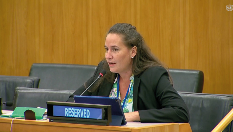 Mareva Lechat lundi lors de son intervention à la tribune de l'ONU