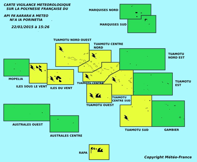 L'archipel de La Société, les Tuamotu Nord, Ouest et Sud et Rapa restent en vigilance jaune. Mais plus aucune zone n'est en vigilance orange.