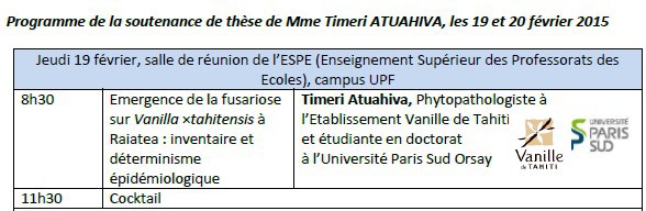 Soutenance de thèse à l'UPF : "Emergence de la fusariose sur Vanilla tahitensis : inventaire et déterminisme épidémiologique"