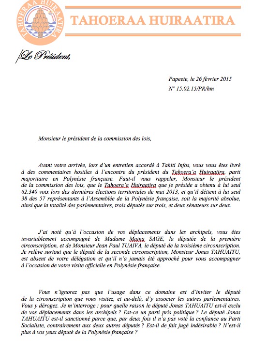 Communiqué du Taohera'a: Lettre adressée au Président de la Commission des Lois de l'Assemblée Nationale