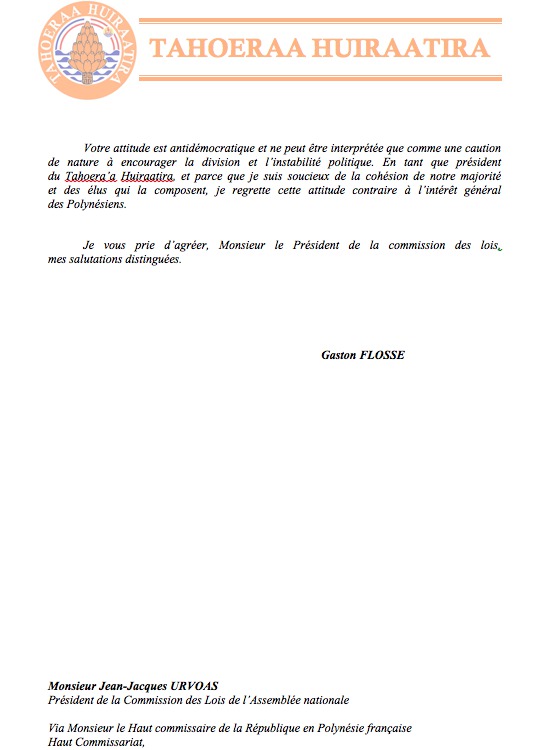 Communiqué du Taohera'a: Lettre adressée au Président de la Commission des Lois de l'Assemblée Nationale