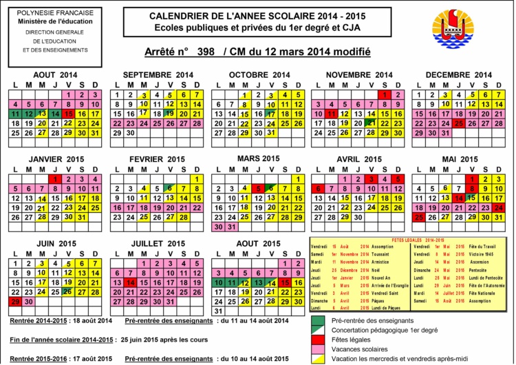 Le calendrier scolaire 2014-2015 modifié à télécharger