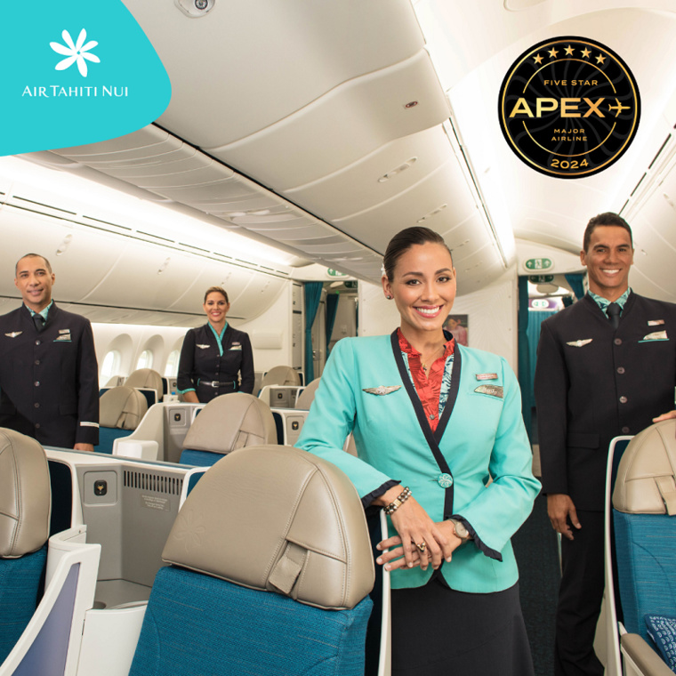 Pour la sixième année consécutive, Air Tahiti Nui s'est vu décerner le titre de grande compagnie 5 étoiles au classement Apex. crédit photo ATN