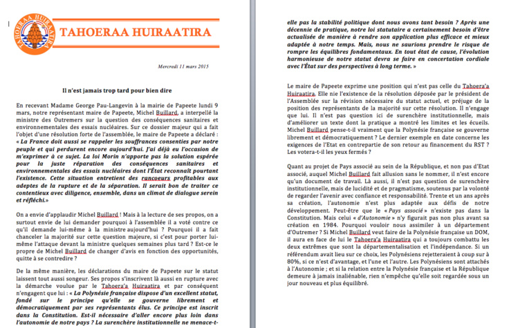 Communiqué du Taohera'a: Réaction aux propos de Michel Buillard