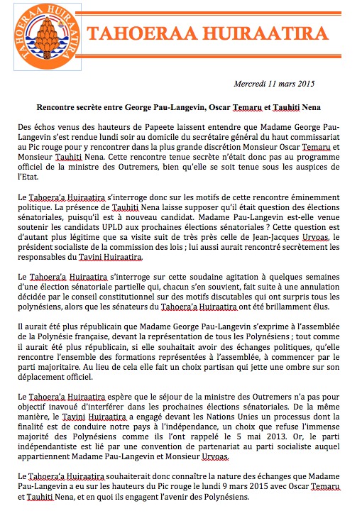 Communiqué du Taohera'a: Rencontre la Ministre des Outre-mer, Oscar TEMARU et Tauhiti NENA
