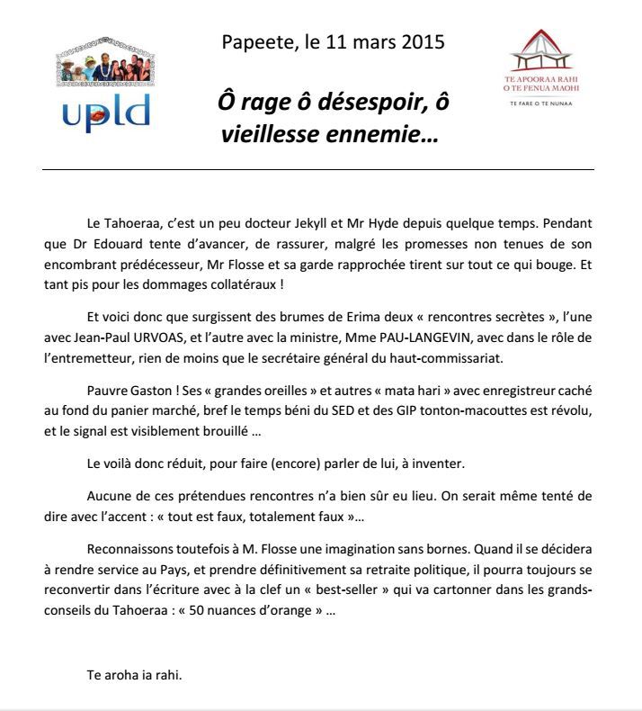 Communiqué de l'UPLD: "O râge, ô desespoir, au vieillesse ennemie..."