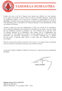 Gaston Flosse répond à la Ministre Pau Langevin