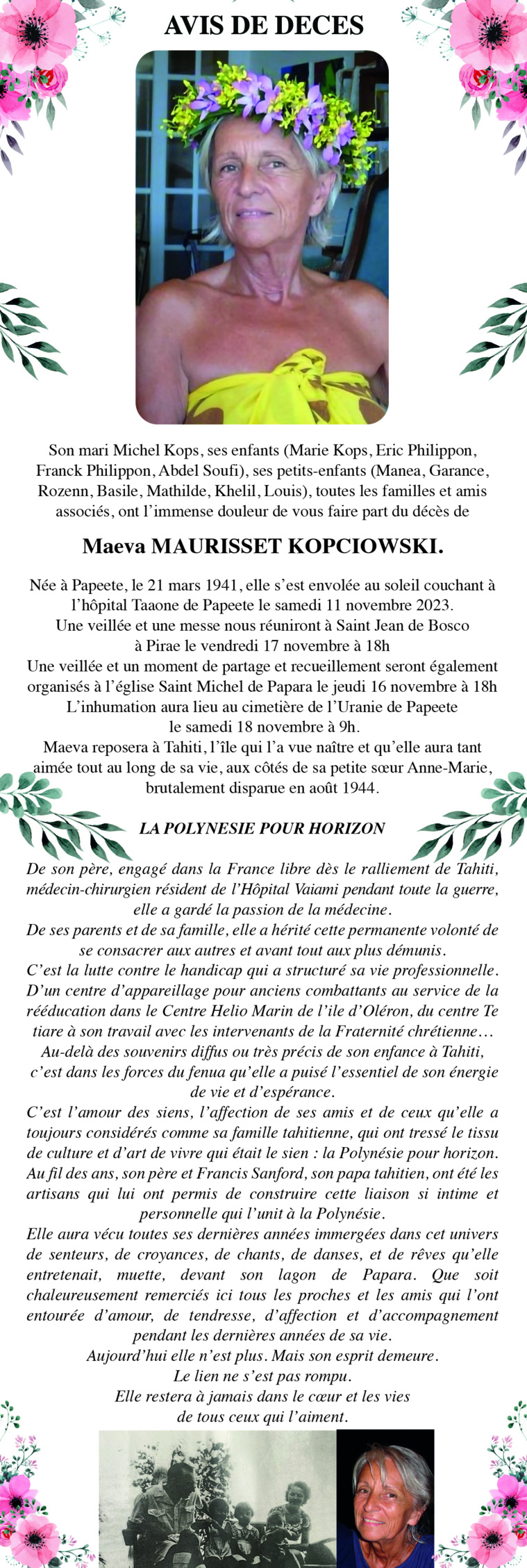 Avis de décés de la famille MAURISSET KOPCIOWSKI pour la défunte Maeva MAURISSET KOPCIOWSKI