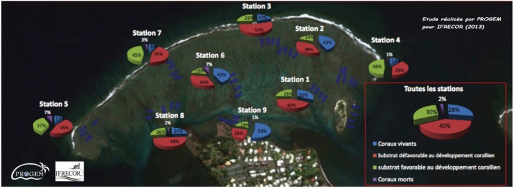 Répartition des coraux vivants et des coraux morts sur le lagon de Mahina (issue de l'étude Progem/Ifrecor).  L'aire marine protégée, de 50 hectares se trouve sur la partie droite du lagon.