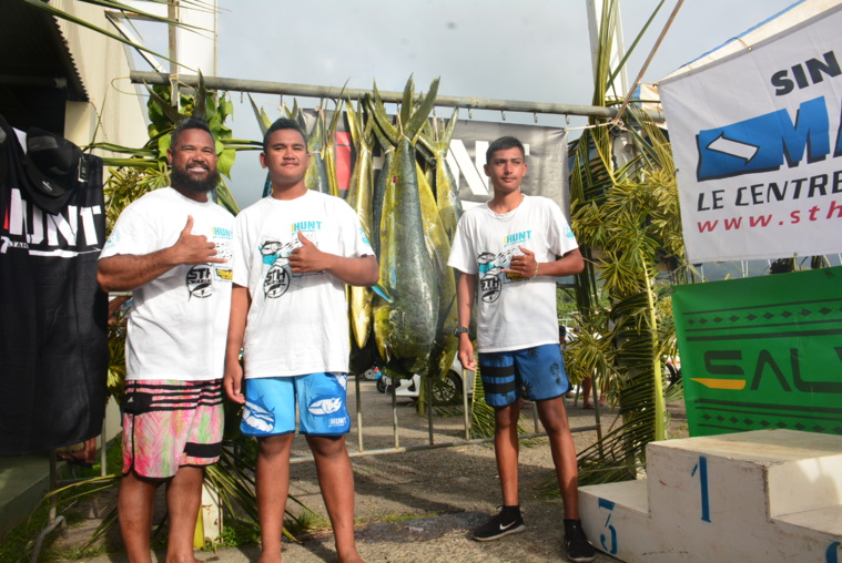 L'équipage des Bonbons roses avec leurs 13 mahi mahi à l'issue de la pesée samedi à Vaitupa. L'équipage des Bonbons roses avec leurs 13 mahi mahi à l'issue de la pesée samedi à Vaitupa.